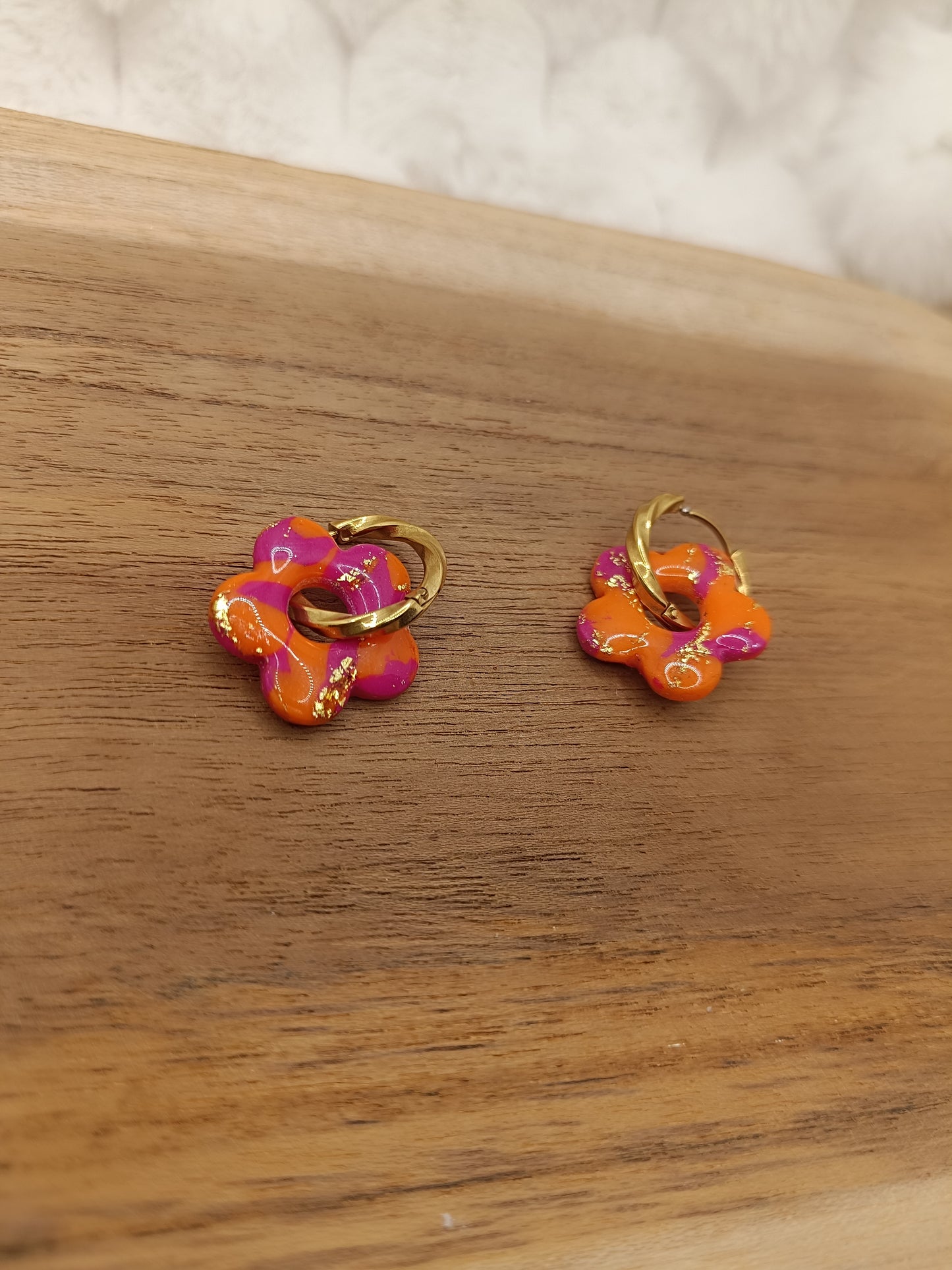 Pampille " mini mya " marbré rose/orange et doré