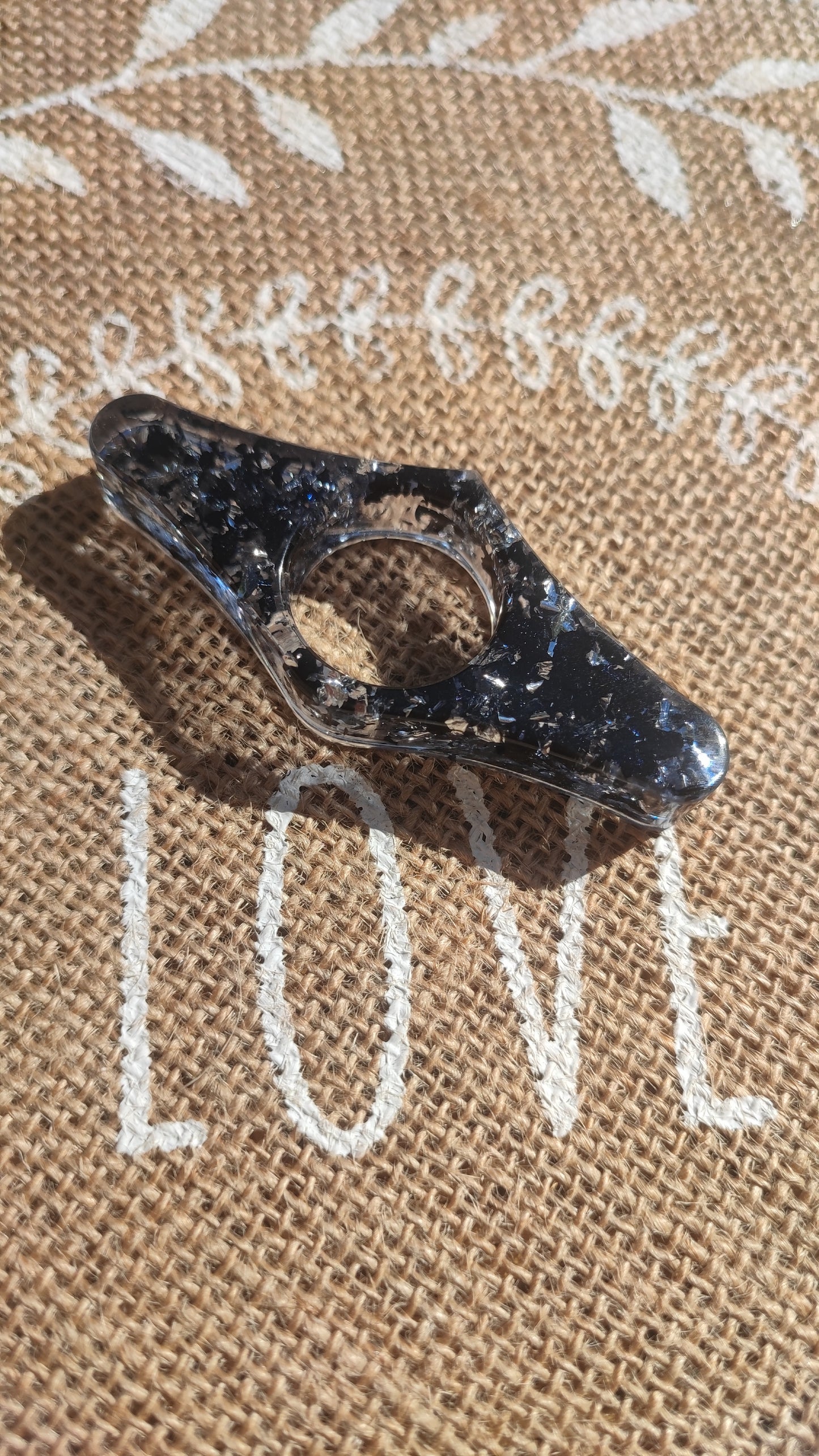 bague de lecture résine feuille noir et argenté