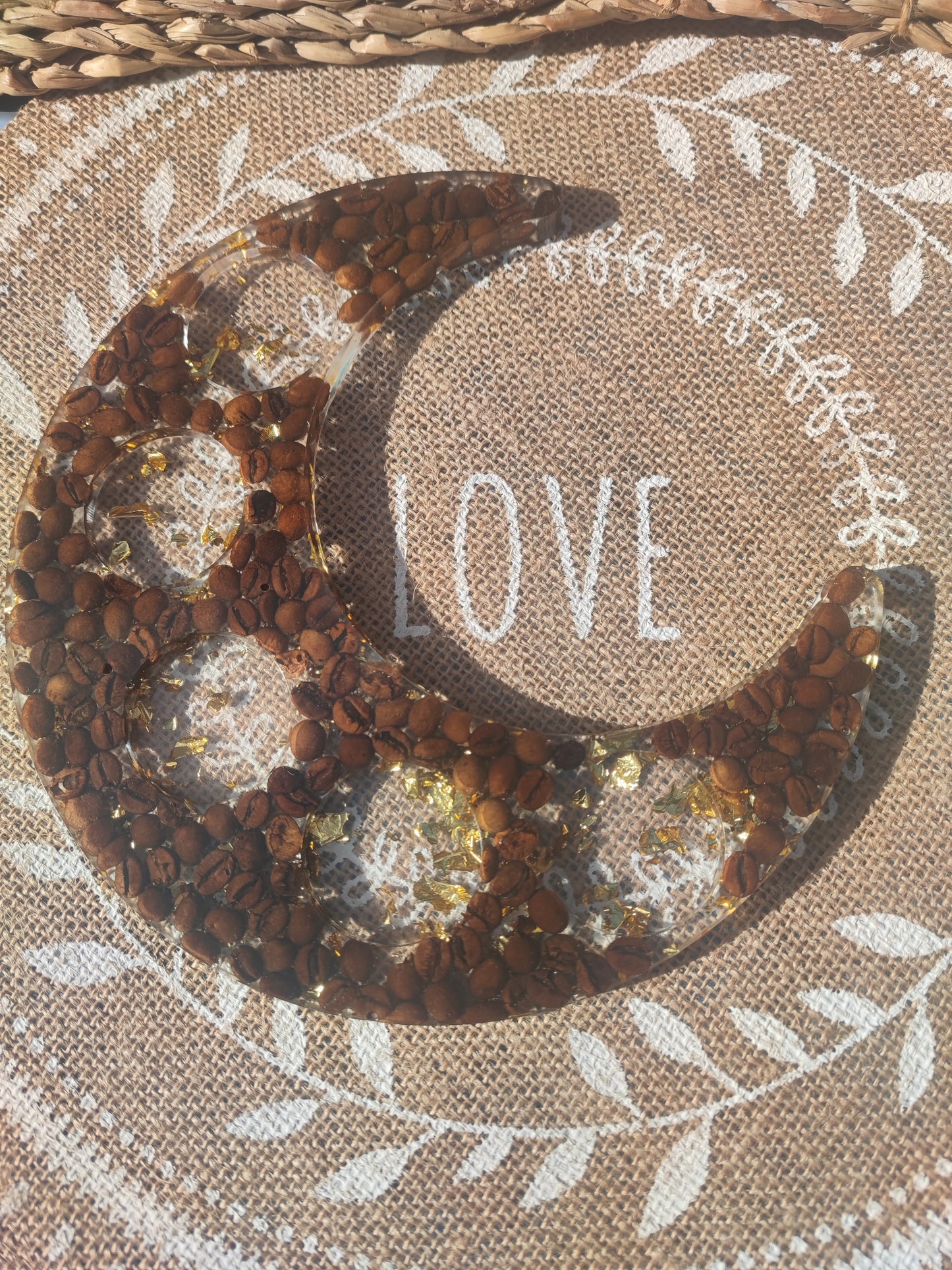 bougeoir lune grains de café et feuille d'or résine epoxy