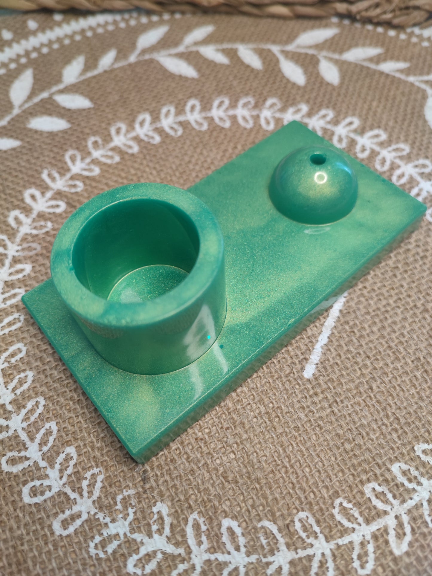 bougeoir avec porte encens vert gold résine epoxy