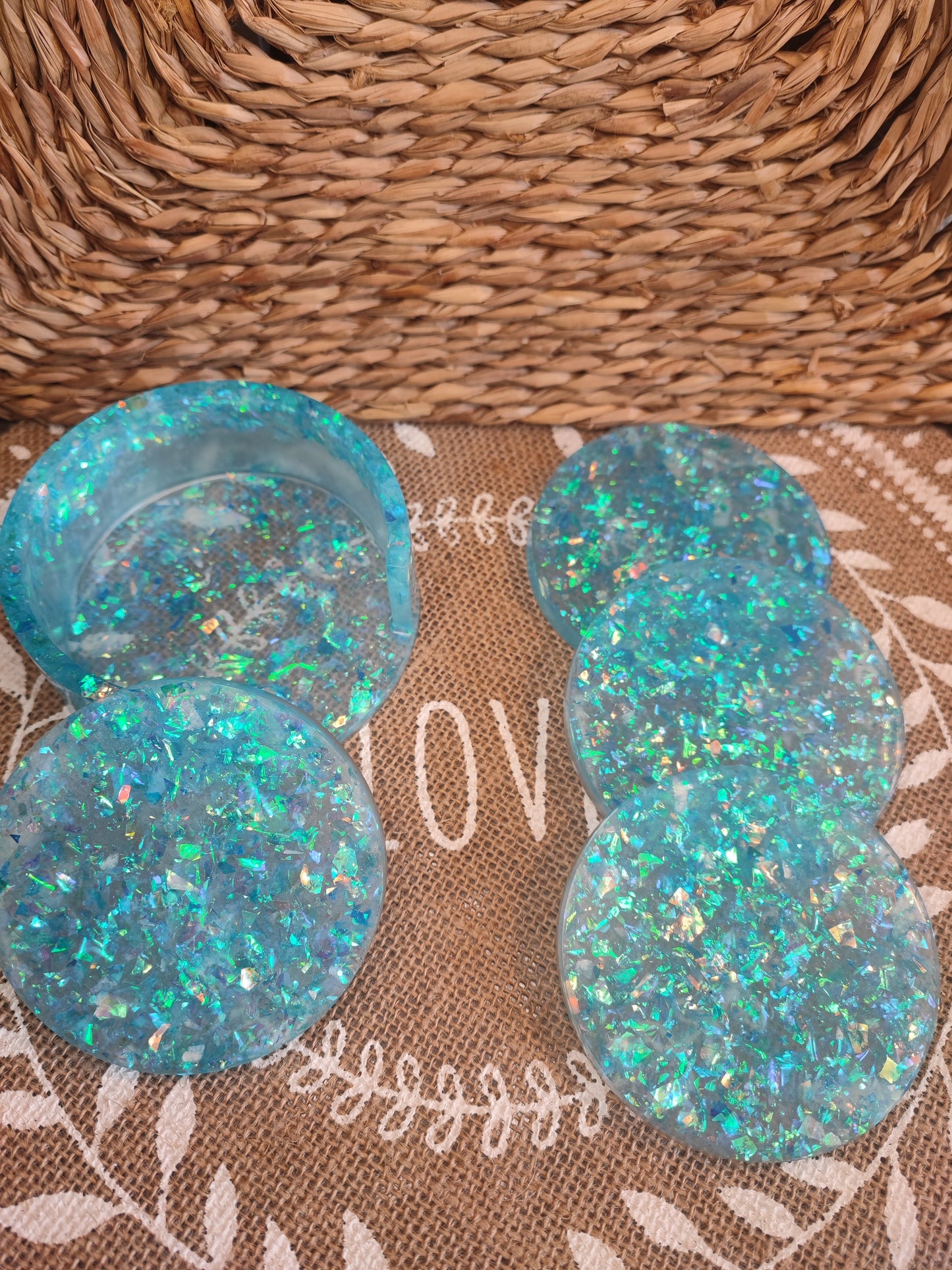 dessous de verre bleu holographique en résine epoxy