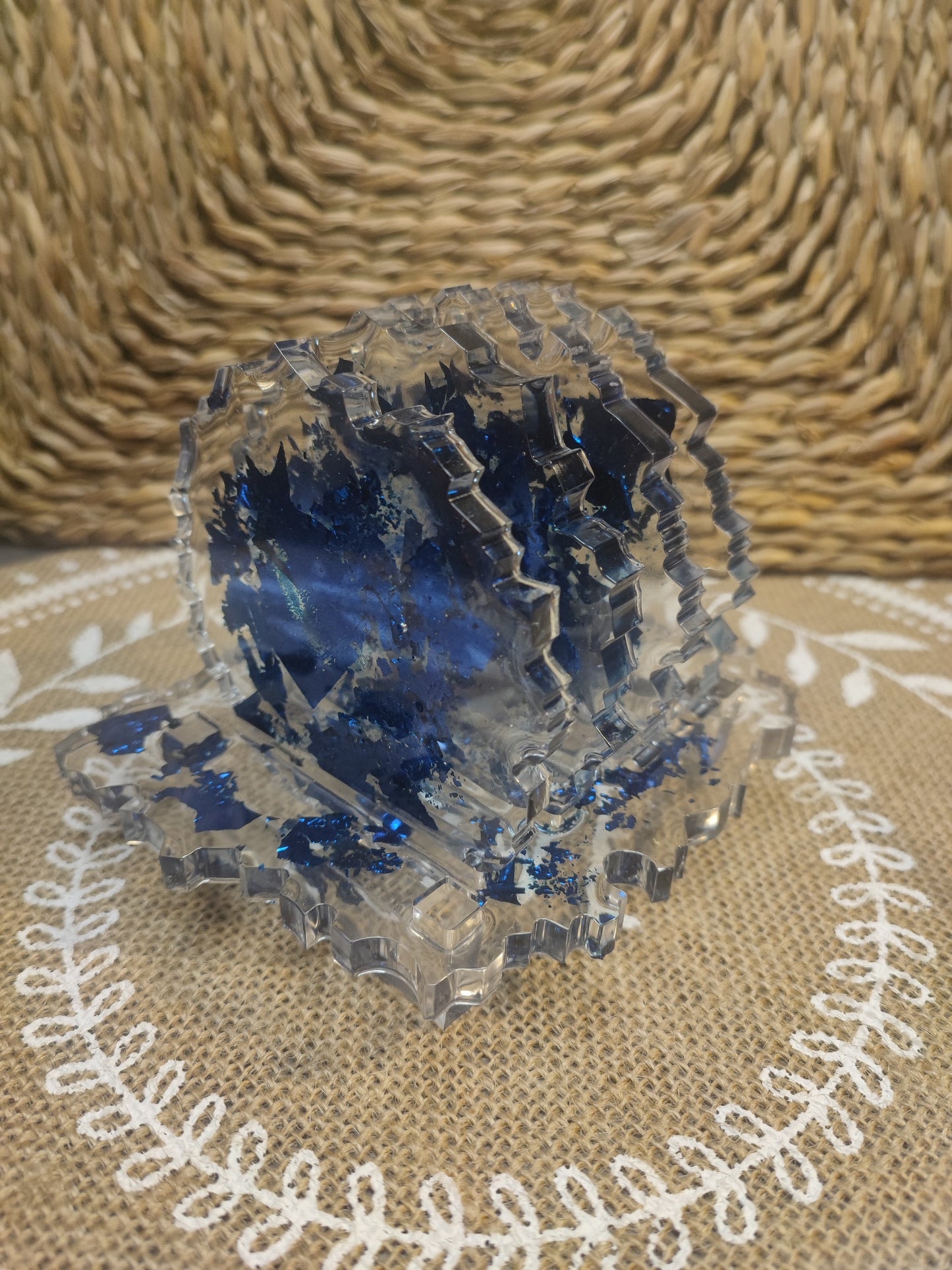 dessous de verre géode transparent feuille bleu avec support assorti résine epoxy