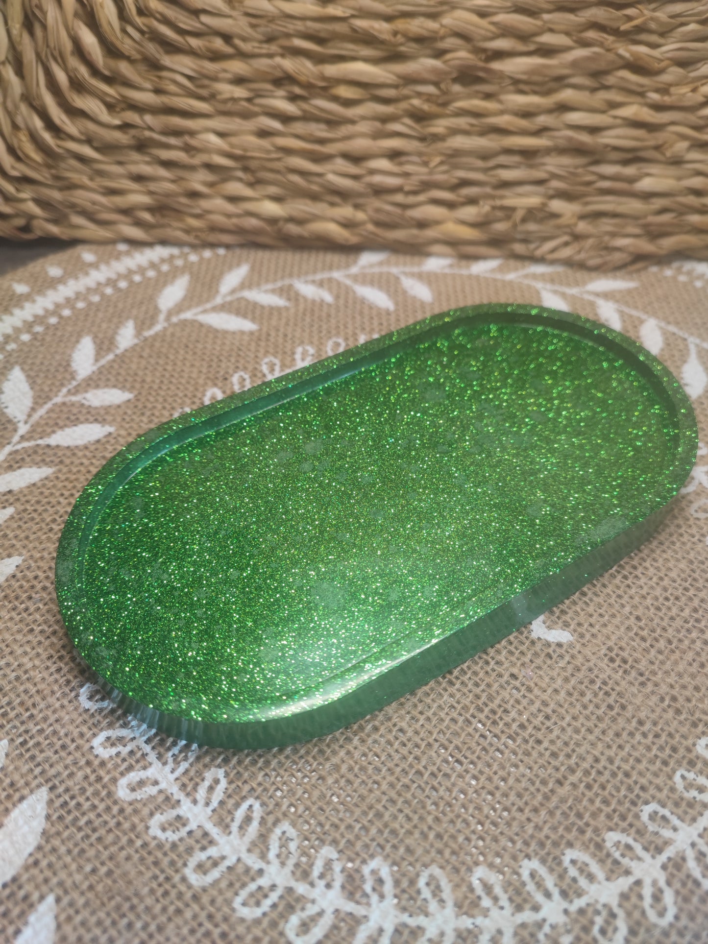 plateau vide poche ovale vert pailleté résine epoxy