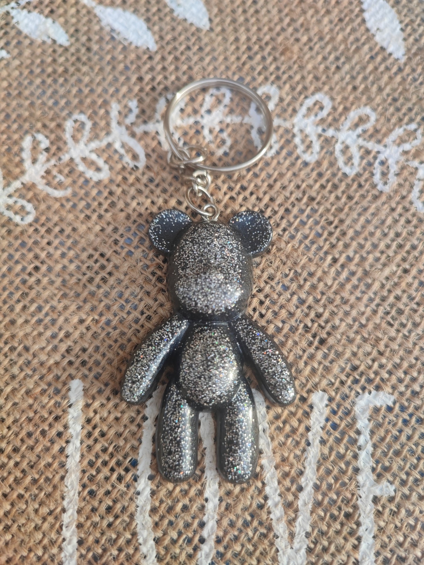 porte clé papa ours noir et gris pailleté résine epoxy