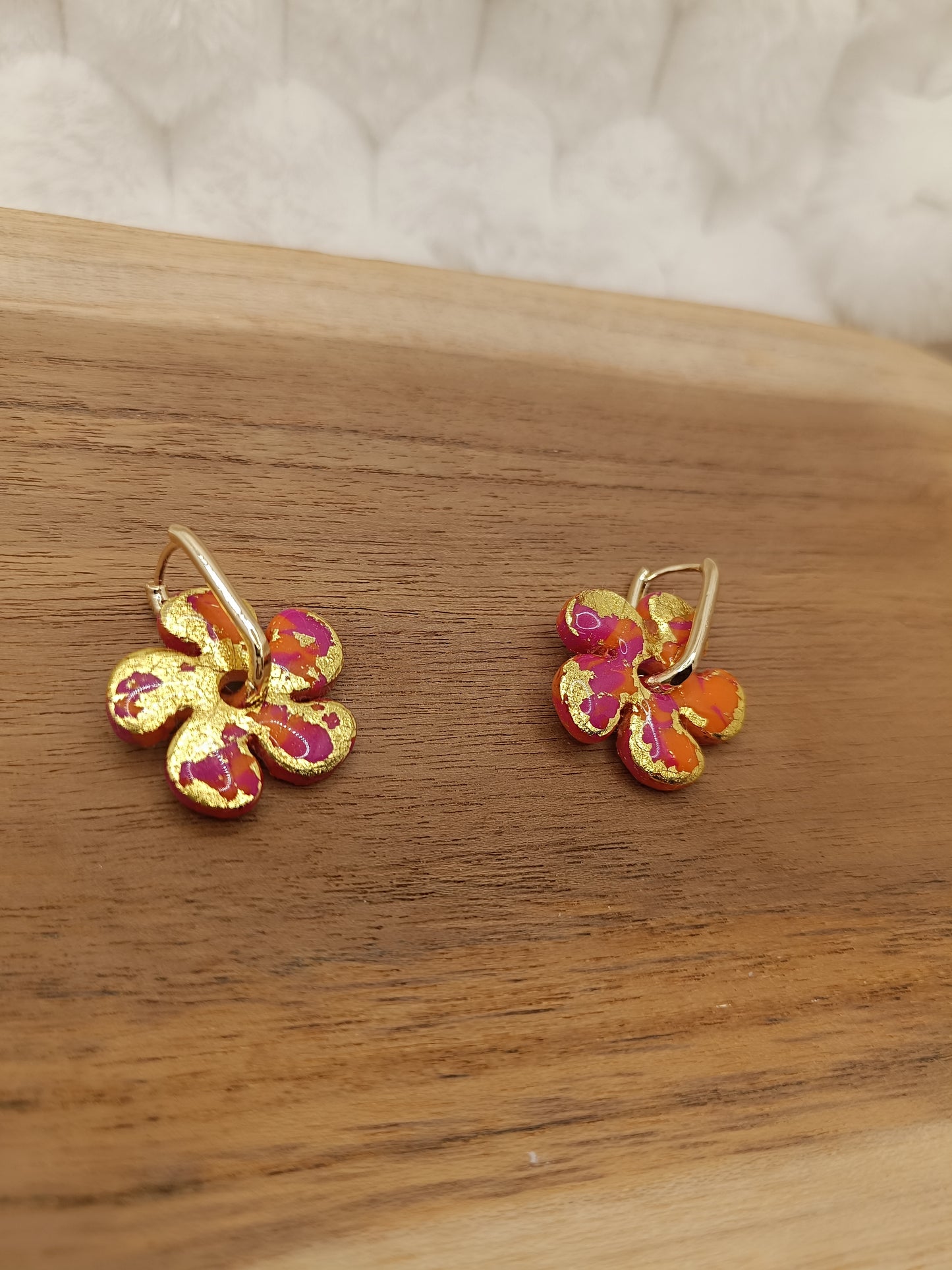 Pampilles " dahlia " marbré rose/orange et doré