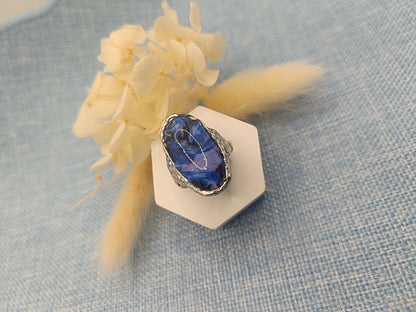 Bague argenté avec cabochon marbré bleu et noir
