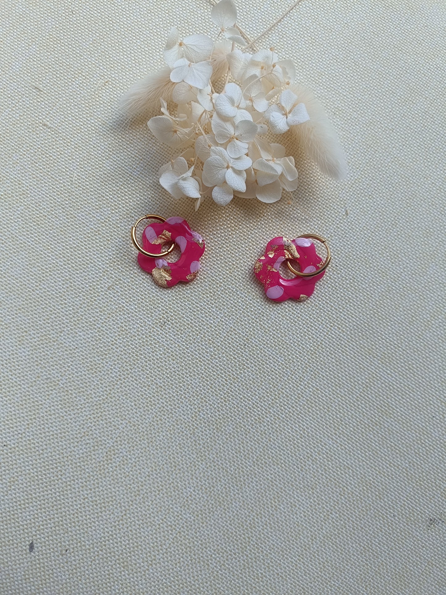 Pampilles " enola" framboise et léopard rose pastel et doré