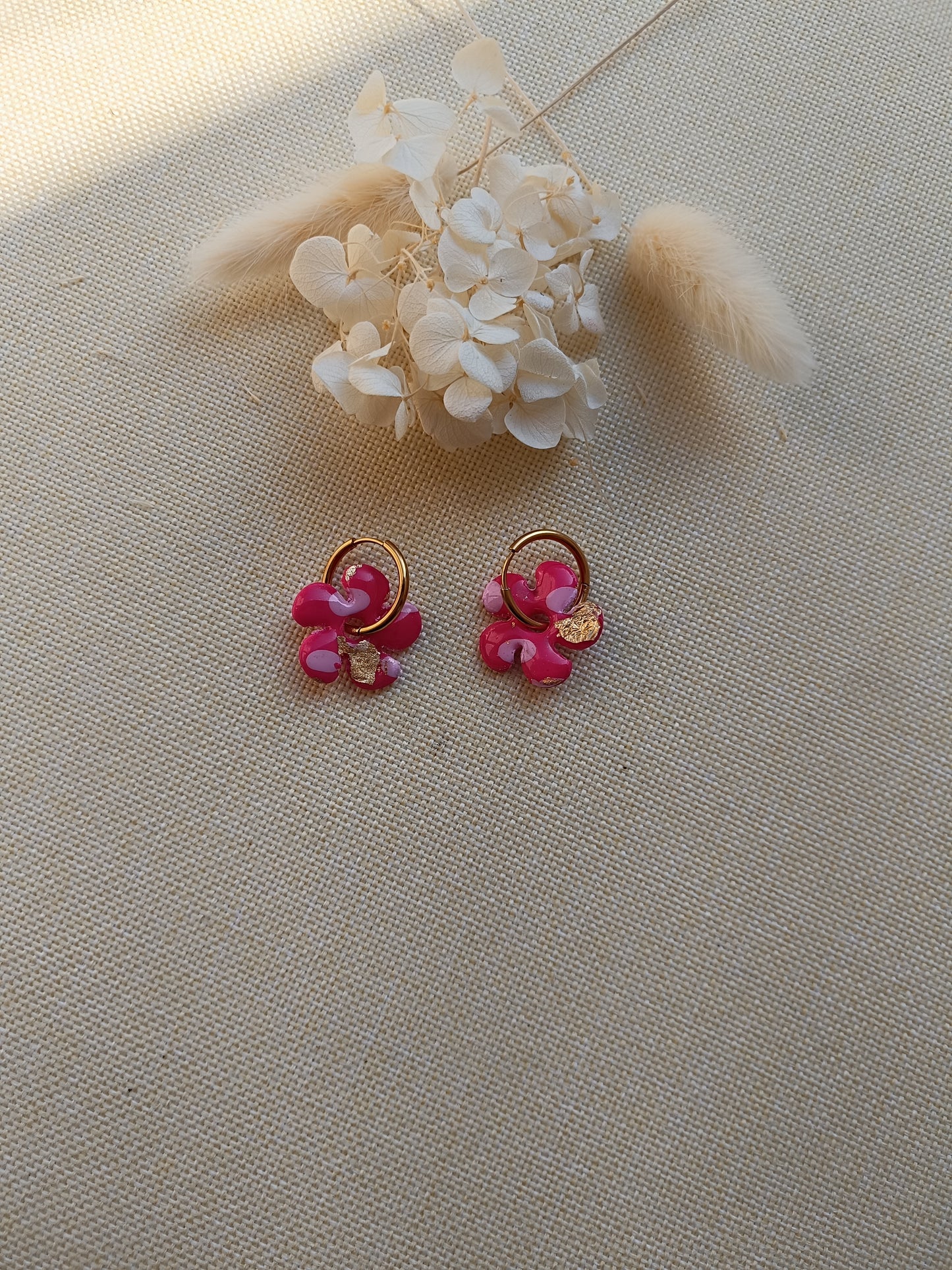 Pampilles " dahlia" léopard framboise, rose pastel et doré