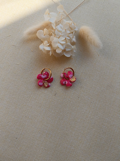 Pampilles " dahlia" léopard framboise, rose pastel et doré