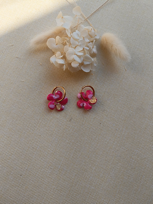 Pampilles " dahlia" léopard framboise, rose pastel et doré