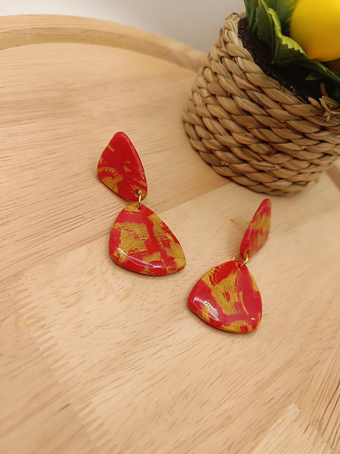 Boucles d'oreilles " éléonore " marbré rouge et doré