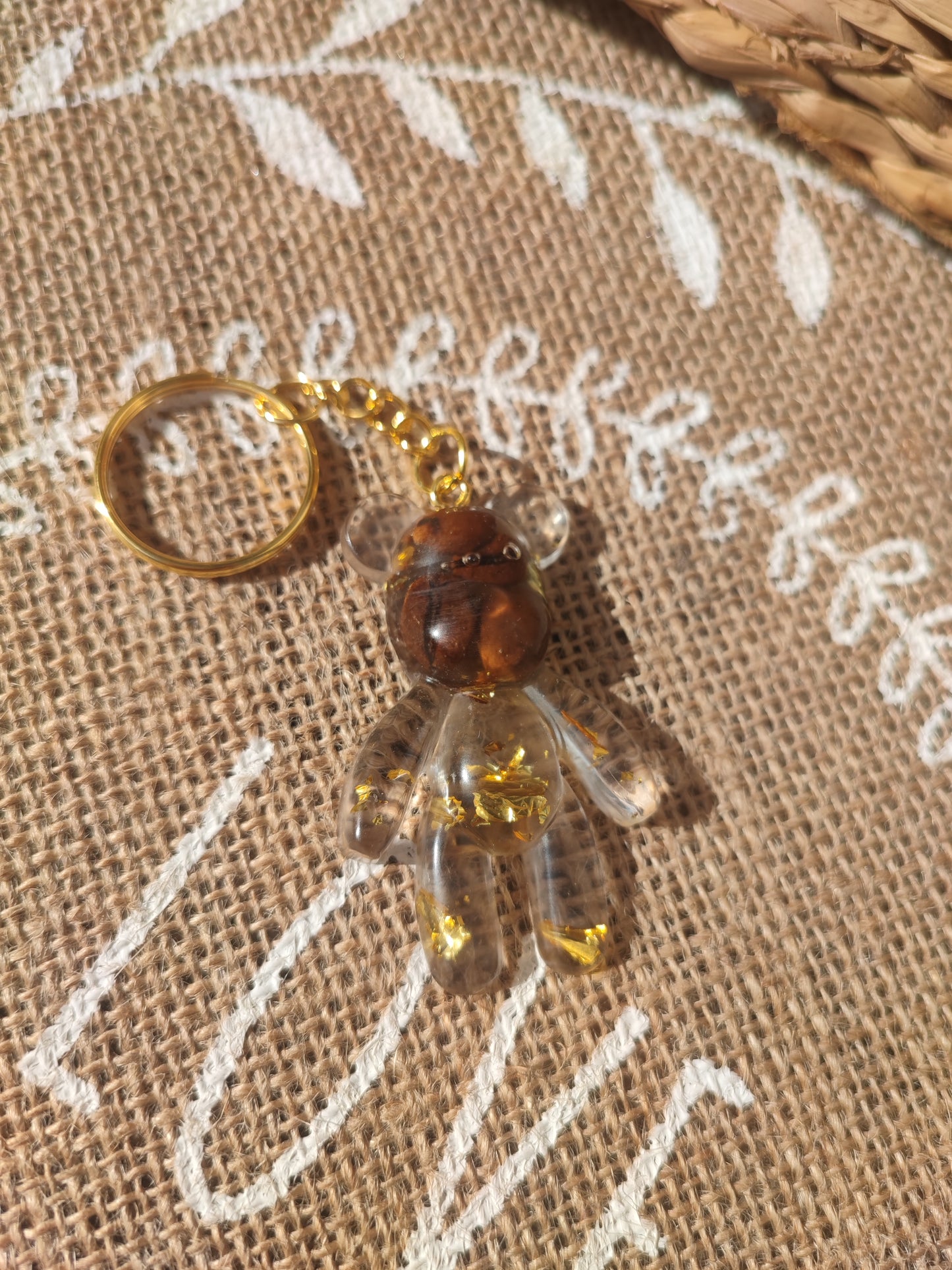 porte clé papa ours grains de café et feuille d'or