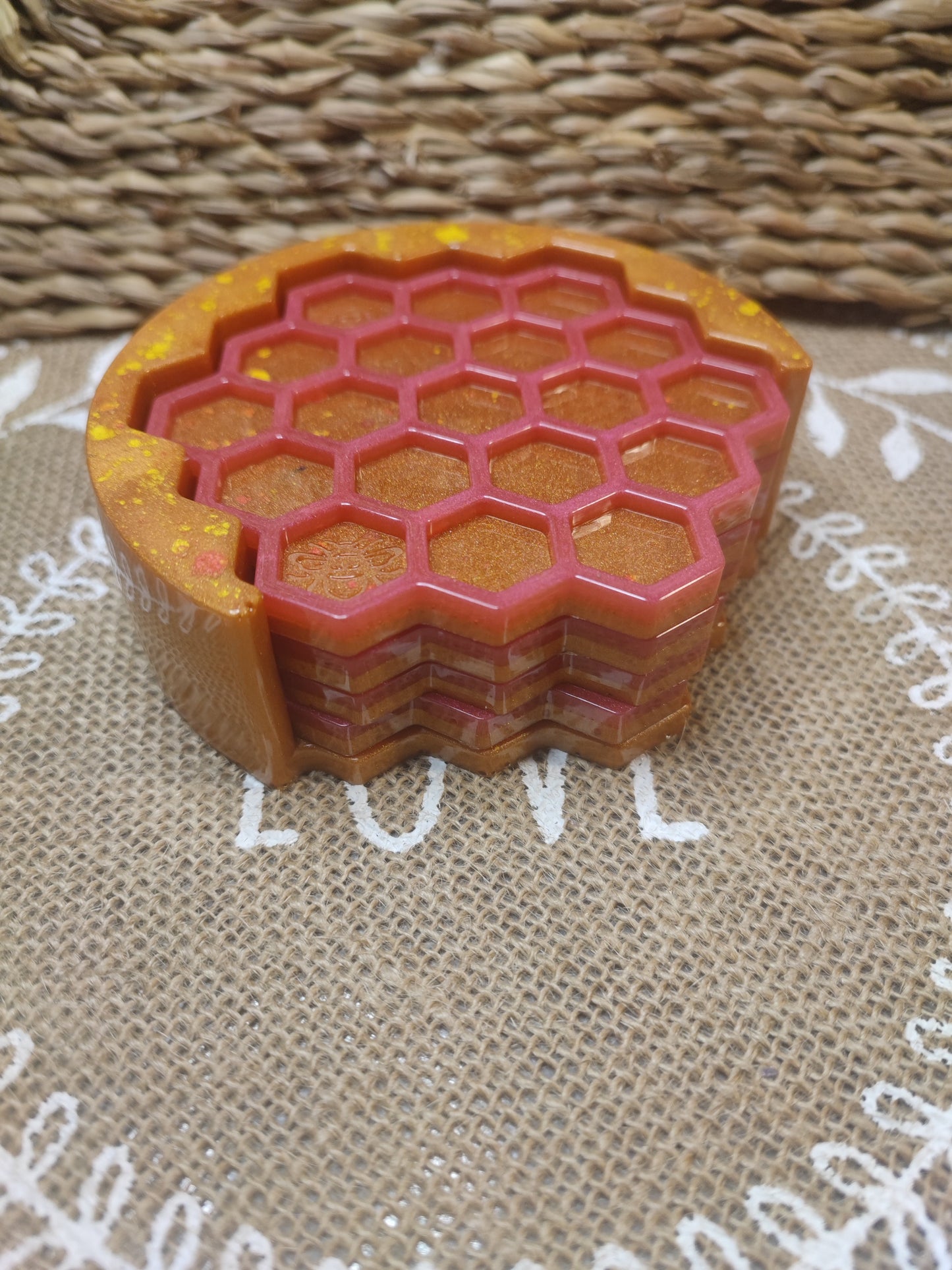 dessous de verre abeille rouge orangé résine epoxy