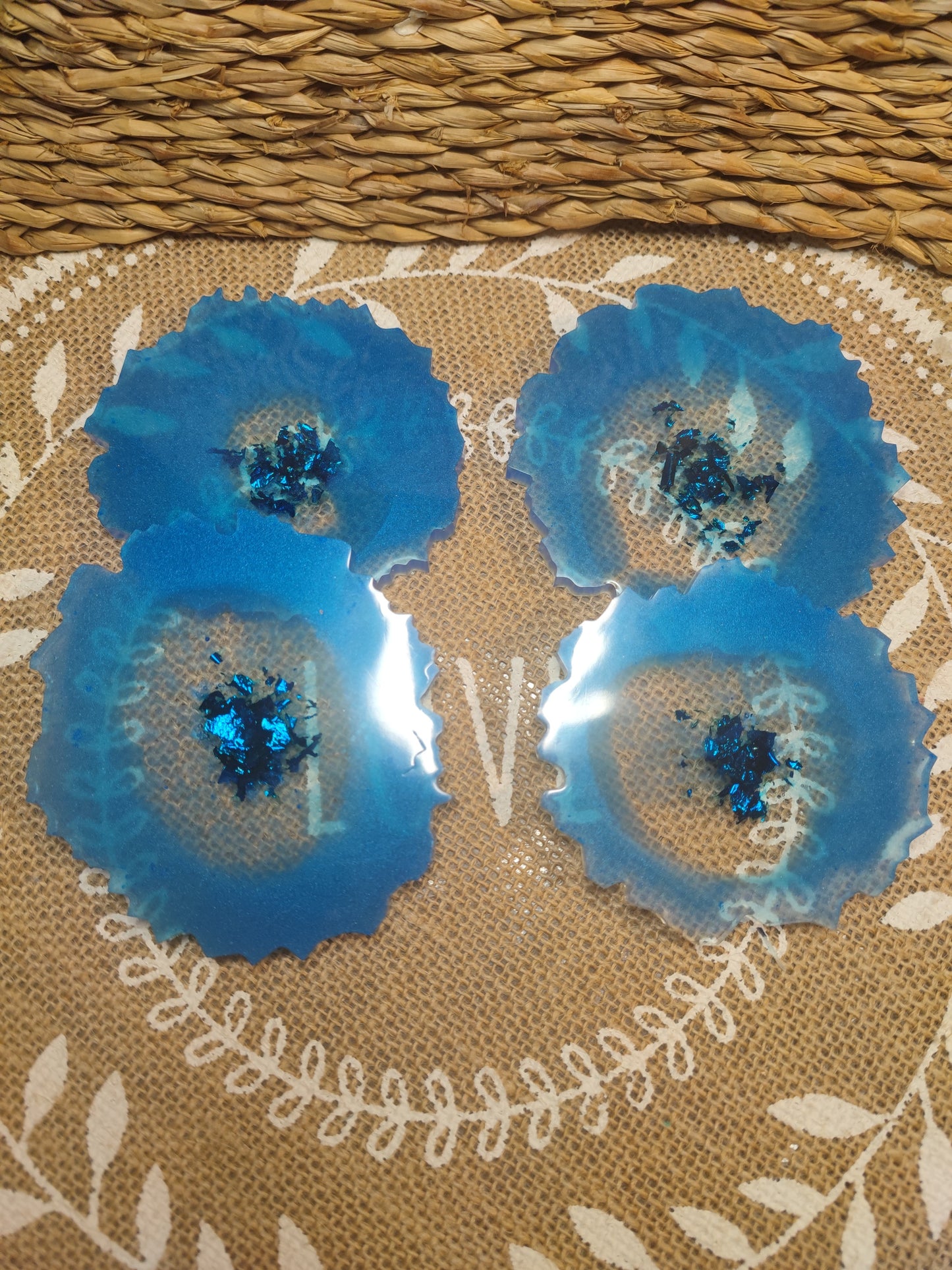 dessous de verre géode bleu feuille bleu résine epoxy