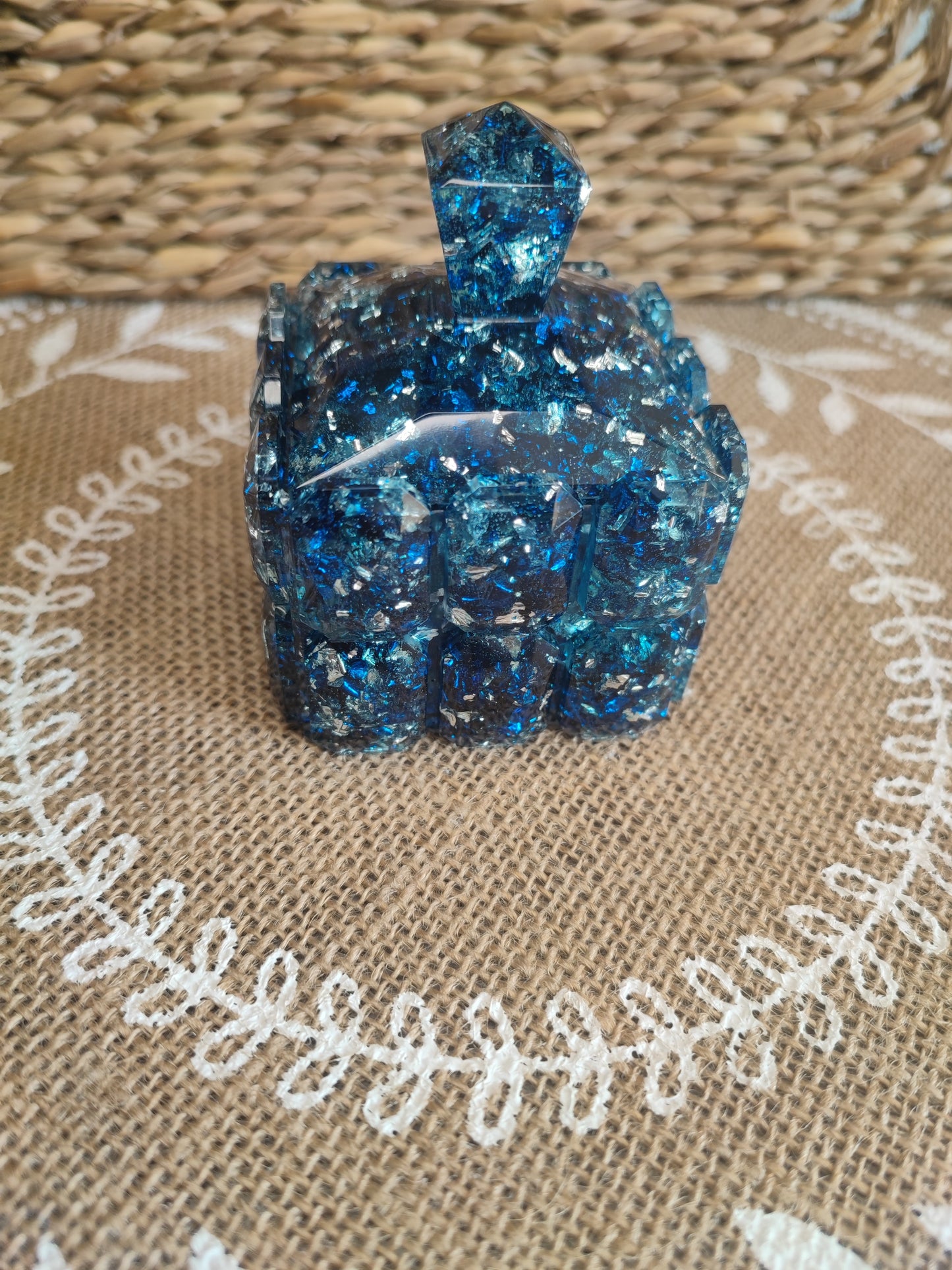 boite à bijoux diamant feuille bleu et argenté résine epoxy