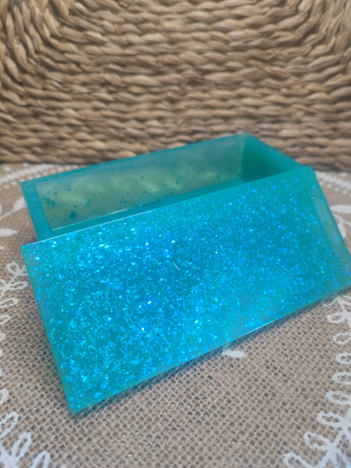 boite de rangement bleu holographique résine epoxy