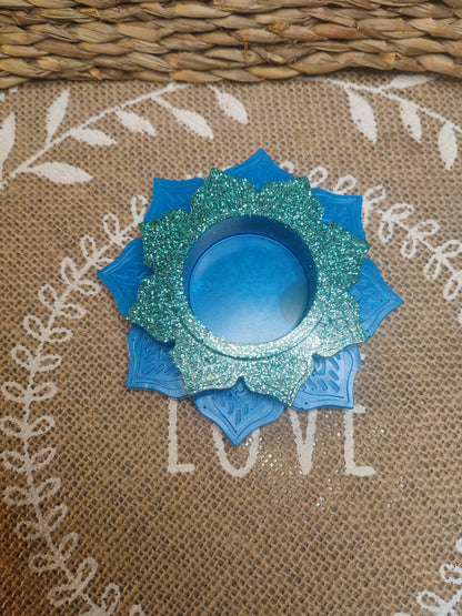 bougeoirs fleur de lotus bleu pailleté résine epoxy