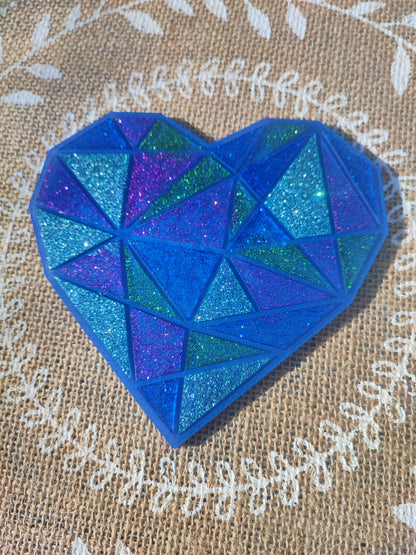 coeur à suspendre bleu violet et vert pailleté résine epoxy