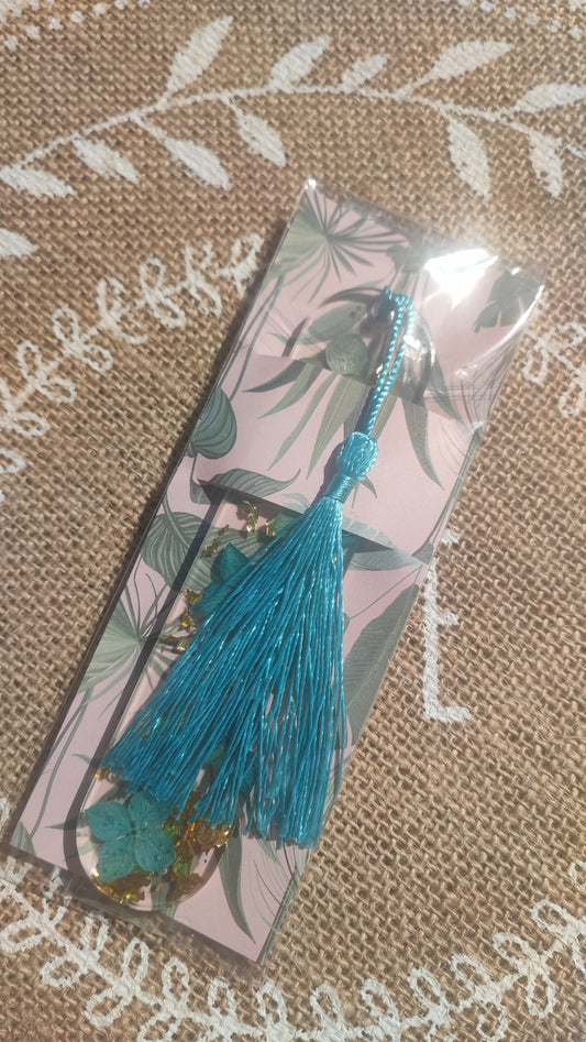 marque pages fleur bleu et feuille d'or résine epoxy