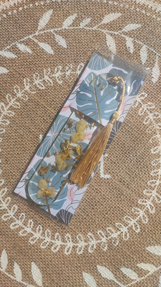 marque pages fleur jaune feuille d'or résine époxy